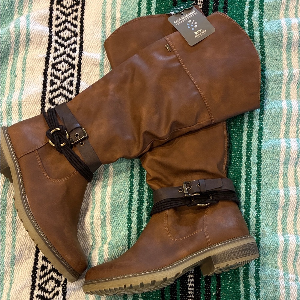 Spring Step Brown Over the Knee Boots with Buckle Detail